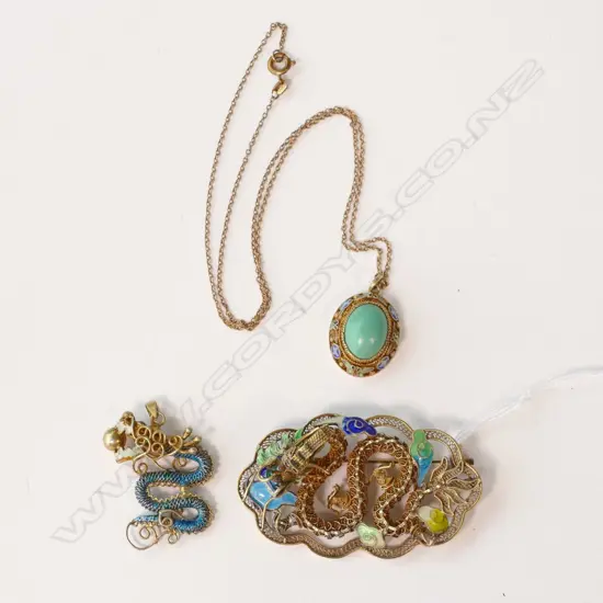 GOOD CHINESE SILVER GILT/ENAMEL BROOCHES & PENDANT