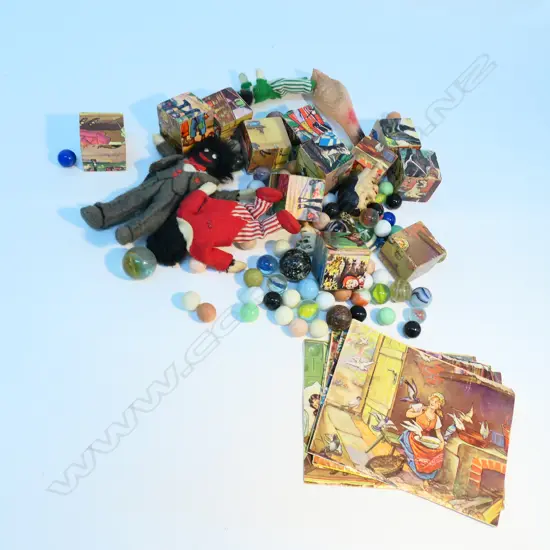 LOT ASST MARBLES /BLOCKS/PLASTIC AND SOFT TOYS