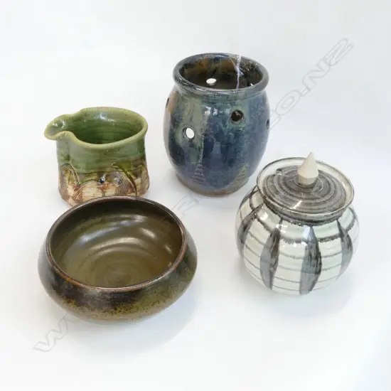 HANMER POTTERY HONEY JAR, REIKORANGI POTTERY JUG, WAIMEA BOWL & LITTLEJOHN CANDLEHOLDER