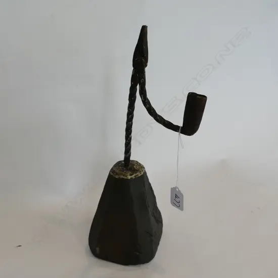 HAND MADE FORGED PLIER CANDLE STAND WOODEN BASE. L.330mm