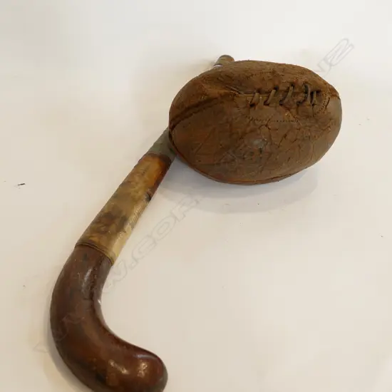 VINTAGE LEATHER RUGBY BALL AND SALESMAN HOCKEY STICK 450MM L