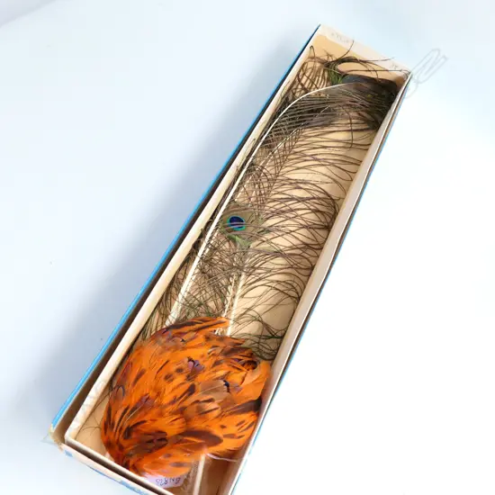 5 PEACOCK FEATHERS & ORANGE FEATHER HAT ADORNMENT