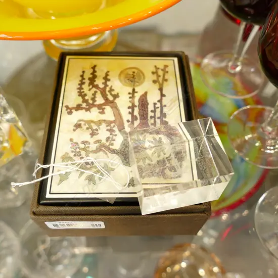 KOREAN MOTHER OF PEARL INLAID BOX & SMALL ACRYLIC CUBE w SPACE SATELLITE INSIDE