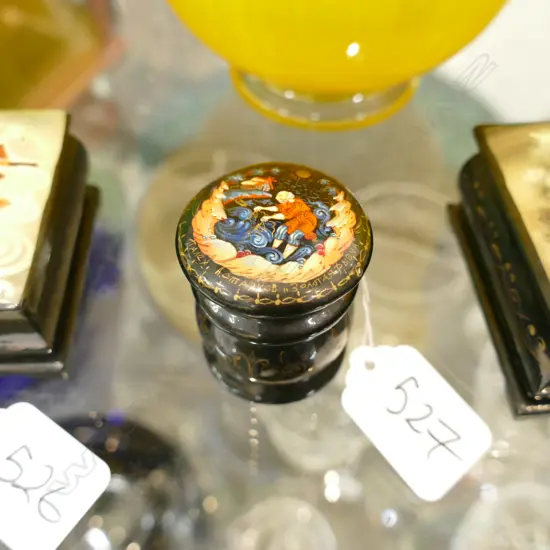 SMALL RUSSIAN HAND PAINTED LACQUER PAPIER MACHE BOX DECORATED WITH FOLK TALE SCENE OF MAN FISHING. Dia.35mm