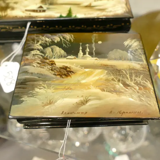 OBLONG RUSSIAN PAINTED LACQUER PAPIER MACHE BOX DECORATED WITH A WINTER LANDSCAPE & CHURCH. W.105mm. hinge a bit loose