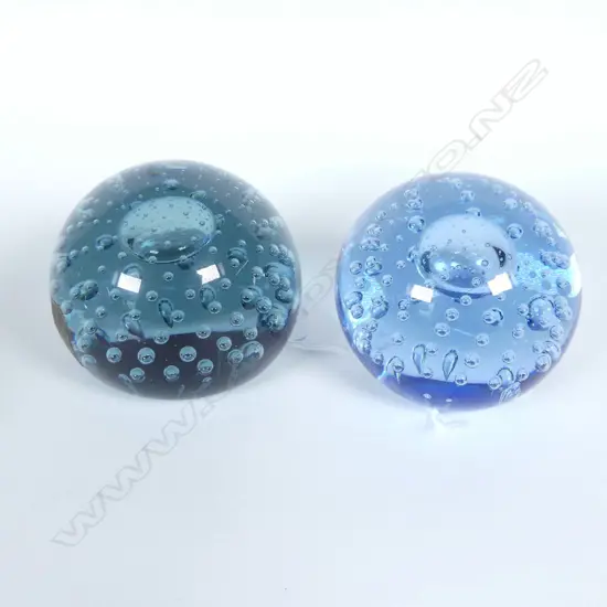 2 x WHITEFRIARS CRYSTAL PAPERWEIGHTS, INKY BLUE WITH CAPTURED BUBBLES	
