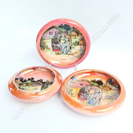 3 GRIMWADES 'MAORI WARE' ASH TRAYS 2X 'TE HONGI' & 'MAORI MOTHER AND CHILD' 150MM DIA