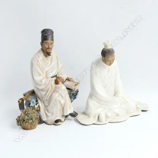 2 ORIENTAL SEATED POTTERY FIGURES H 190 MM
