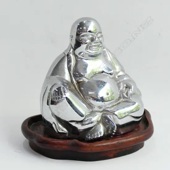 VINTAGE CHROME SEATED BUDDHA ON WOOD STAND
