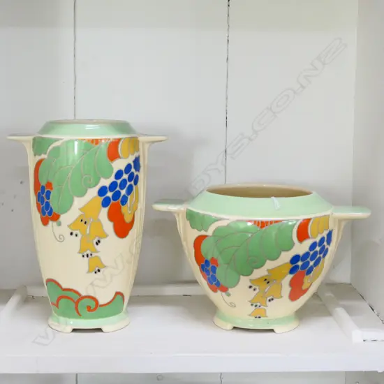 R/DOULTON ART DECO 'CAPRICE' 2 VASES TAB HANDLES