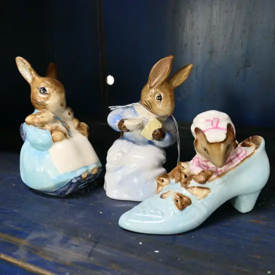 3 BESWICK BEATRIX POTTER FIGURES; COTTONTAIL, OLD WOMAN & SHOE, MRS RABBIT AND BUNNIES