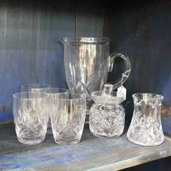 4 STUART CRYSTAL TUMBLERS, JUG, MILK, SUGAR