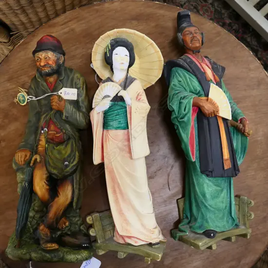 3 BOSSONS WALL PLAQUES; WOOD CARRIER, KIMONO LADY, ORIENTAL MAN 380MM H