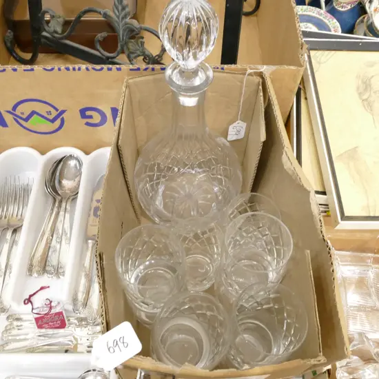 BOX LOT CRYSTAL DECANTER + 2 SETS OF GLASSES (4 & 6)