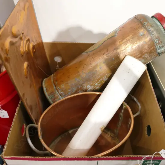 LOT ASST COPPERWARE INCL. FIRE EXTINGUISHER + WALL PLAQUE