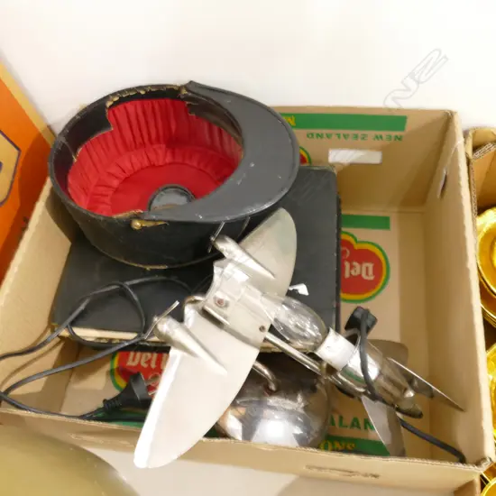 BOX LOT NZ BOOKS, DECO STYLE PLANE LAMP, FEZ, POCKET BAROMETER