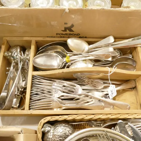 WOODEN TRAY OF VINTAGE CUTLERY 360MM L