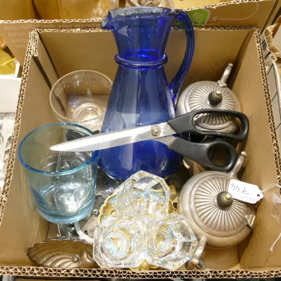 BOX OF SILVER PLATE, SILVER AND GLASS