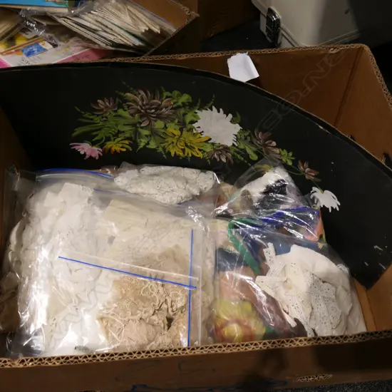 LOT ASST LACE + 2 FLORAL PAINTINGS