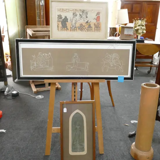 3 ARTWORKS; PICASSO PRINT AF, DOG PRINT, BUDDHA PLAQUE 540MM H 300MM W