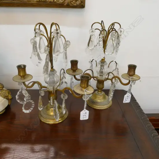 PAIR BRASS AND CRYSTAL CANDELABRA