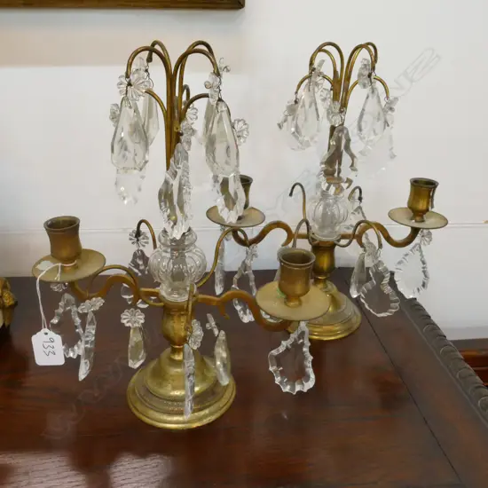 PAIR BRASS AND CRYSTAL CANDELABRA