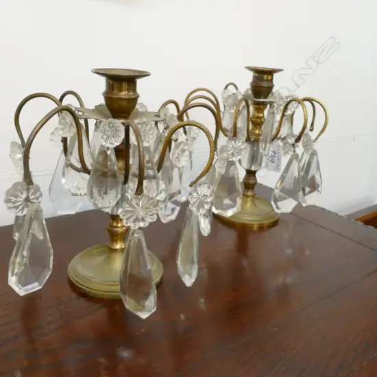 PAIR OF BRASS AND CRYSTAL CANDLESTICKS