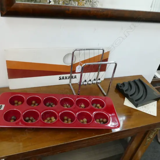 3 RETRO ITEMS; FRANCO POZZI CERAMIC TILE AND BOXED SAHARA GAME SET, NEWTONS CRADLE