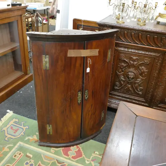 GEO III MAHOGANY BOW FRONT CORNER CABINET 