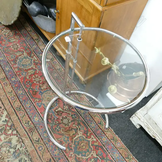 EILEEN GRAY STYLE CHROME AND GLASS TABLE 790MM H 510MM DIA