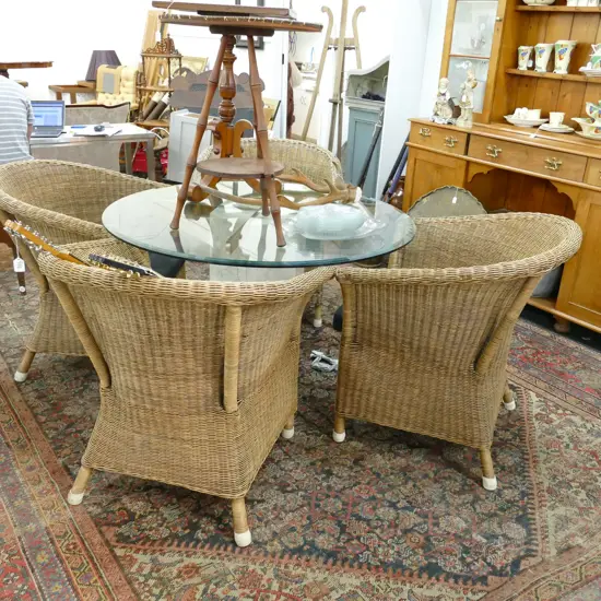 GLASS TOP DINING TABLE WITH MARBLE BASE. Dia.1200mm &  4 CANE CHAIRS