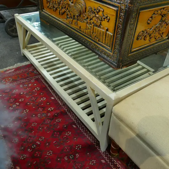 GLASS TOP COFFEE TABLE WITH WOODEN BASE 1400 X 900 MM