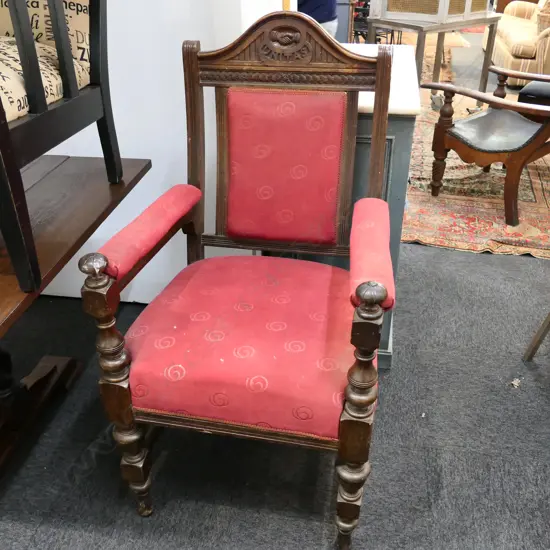 1920'S OAK CARVED ARMCHAIR 'UNITAS' BACK RAIL