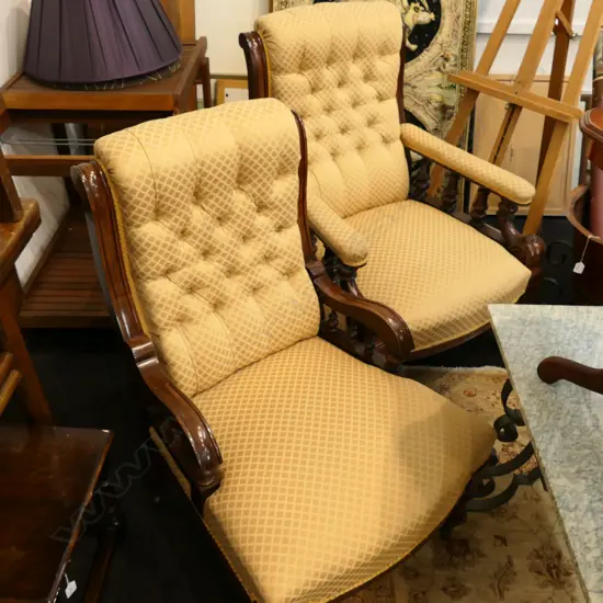 GRANDFATHER + GRANDMOTHER OPEN ELBOW MAHOGANY CHAIRS