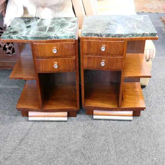 PR OF BLACK WALNUT MARBLE TOPPED BEDSIDE CABINETS