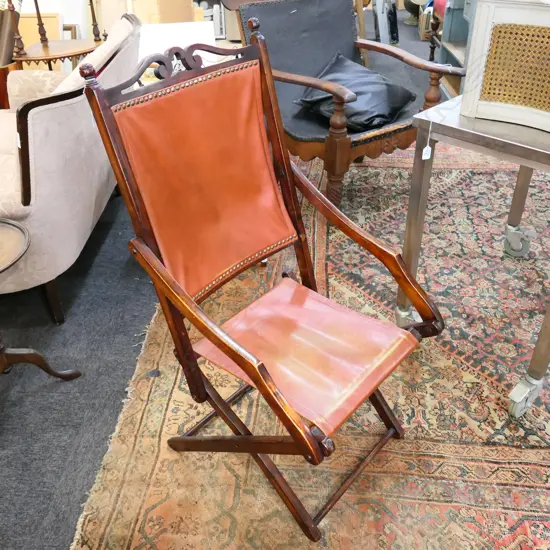 CAMPAIGN STYLE MAHOGANY + LEATHER FOLDING CHAIR