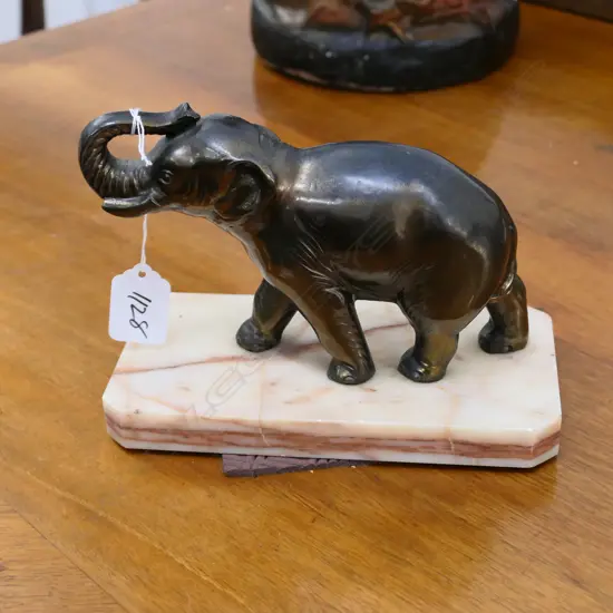 ART DECO BRONZED SPELTER ELEPHANT MARBLE BASE...