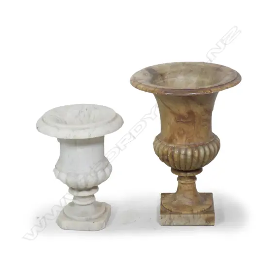 TWO FAUX MARBLE URNS, TALLEST 400MM