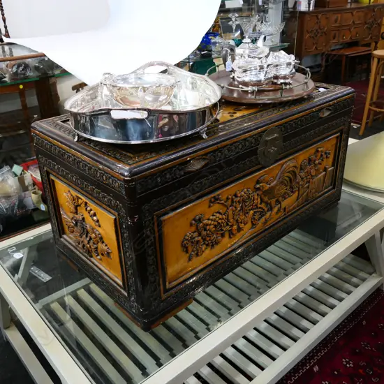 CARVED CAMPHOR WOOD CHEST W 1000 MM