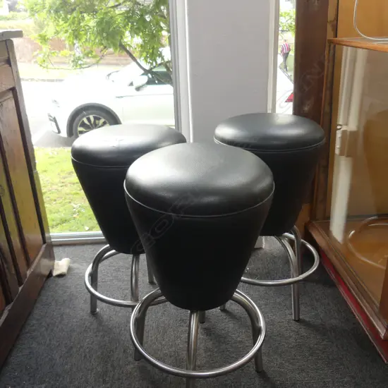 3 BLACK UPHOLSTERED & CHROME STOOLS