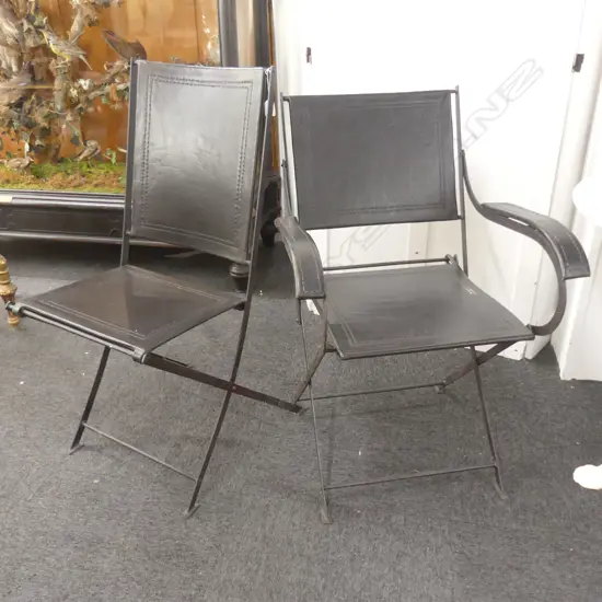 2 FOLDING LEATHER AND METAL CHAIRS 960MM H ONE WITH ARMS