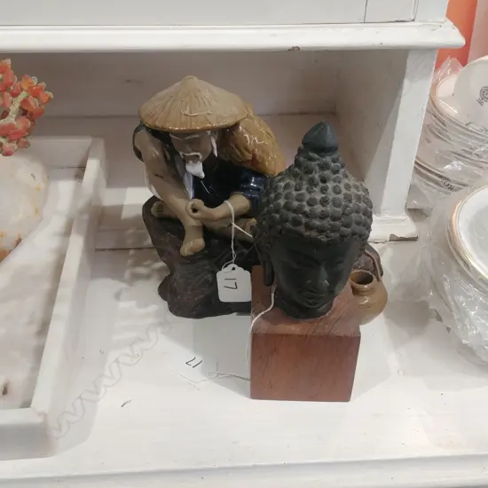 CHINESE CERAMIC FISHERMAN FIGURE + BRONZE BUDDHA HEAD