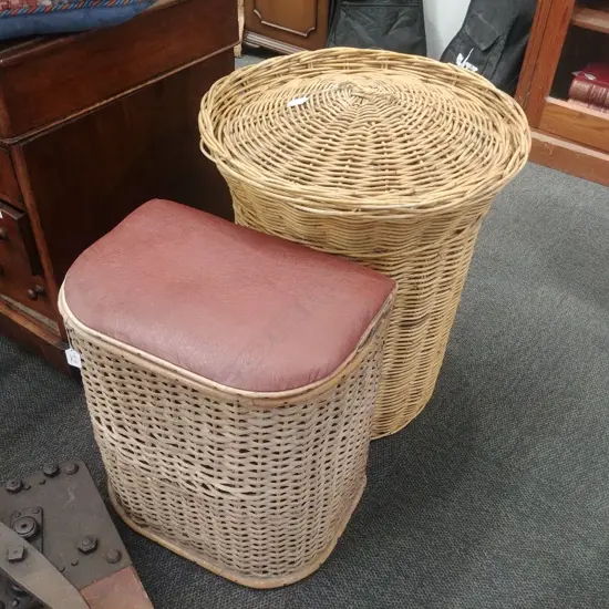 CANE HAMPER/STOOL + LG WICKER BASKET