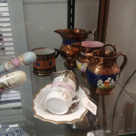 4X LUSTRE WARE JUGS & 3 OTHER PIECES