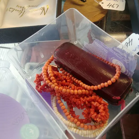 9CT PEARL STICK PIN 1GRM;  CORAL BRACELET/ NECKLACE ETC.