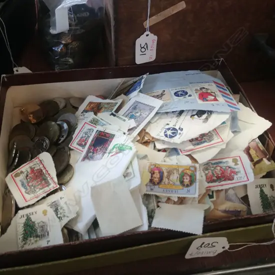 BOX OF STAMPS/COINS ETC.