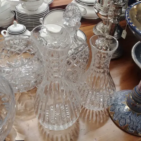 CUT CRYSTAL DECANTER & 2 CARAFES