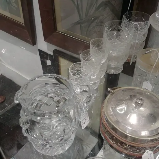CRYSTAL JUG; WINE GLASSES;SHERRY GLASSES