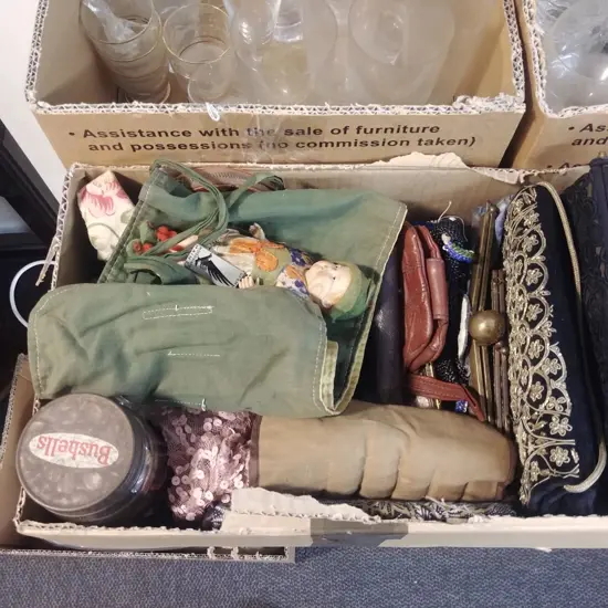 BOX LOT OF EVENING BAGS; SMALL GERMAN DOLL