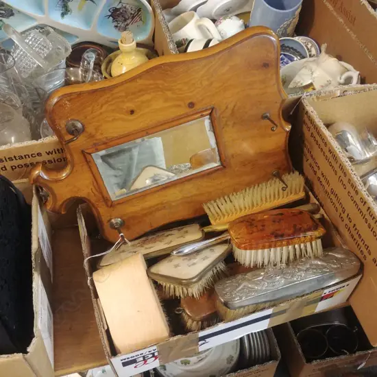 BOX LOT OF HAIR BRUSHES; SMALL WALL MIRROR